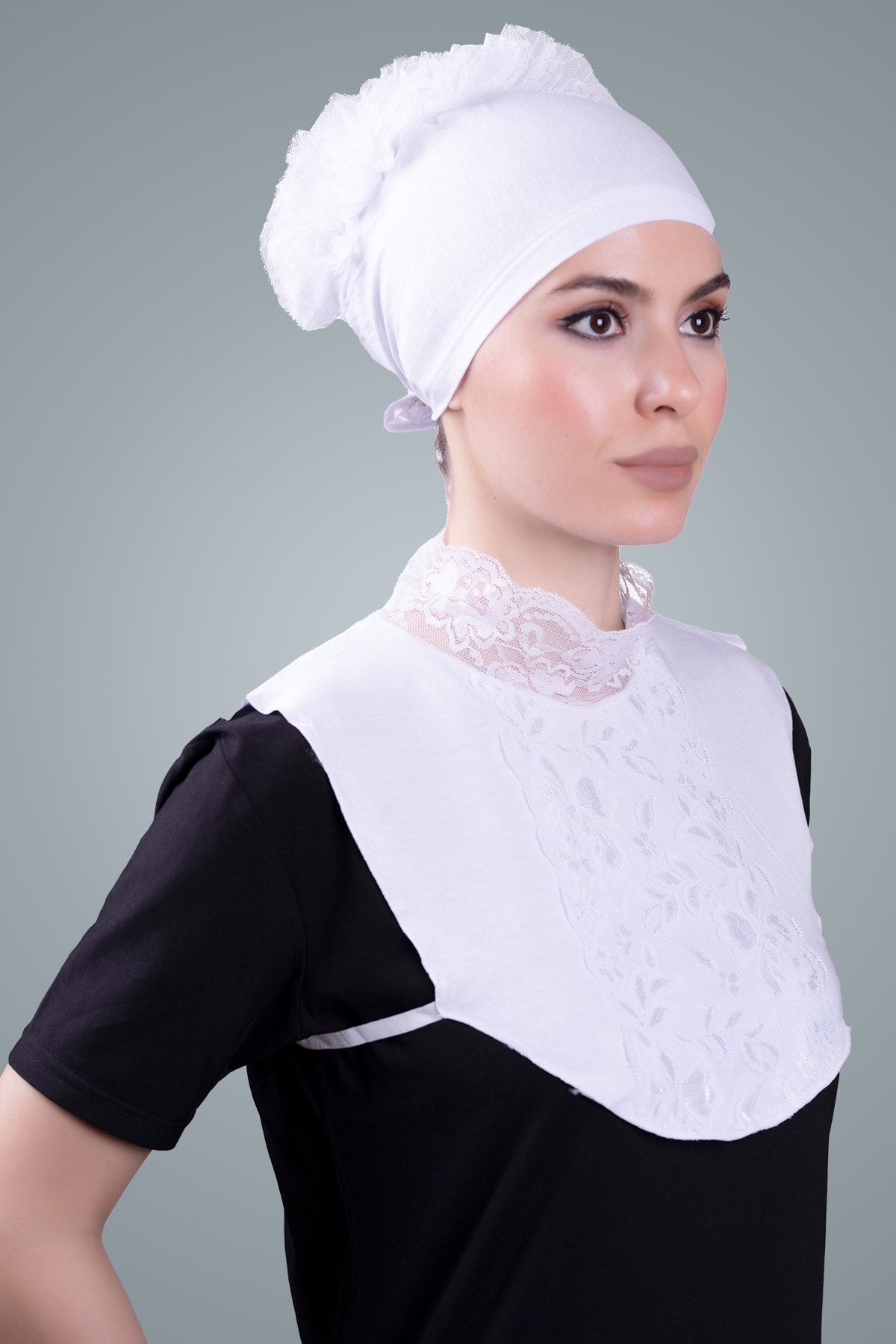 HÜRREM BONE Beyaz - Tesettür Boyunluk - Viskon Kumaş Göğüs Dantelli - Hürrem 1005
