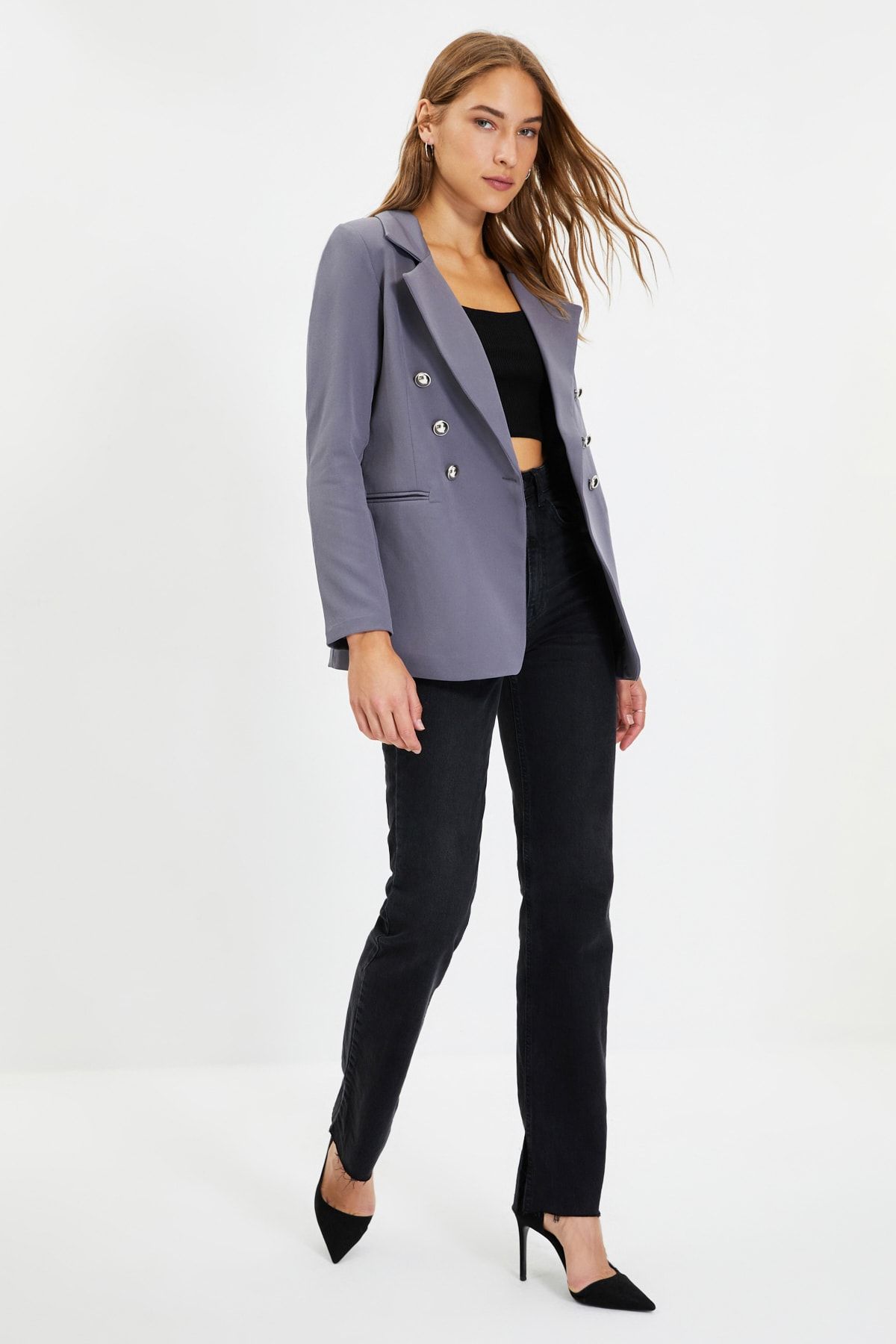 TRENDYOLMİLLA Gri Düğmeli Blazer Ceket TWOAW22CE0219