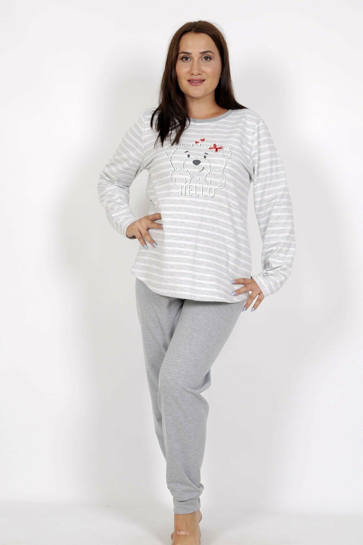 VİENETTA Kadın Gri Uzun Kol Büyük Beden Hayvan Desen Melanj Pijama Takım