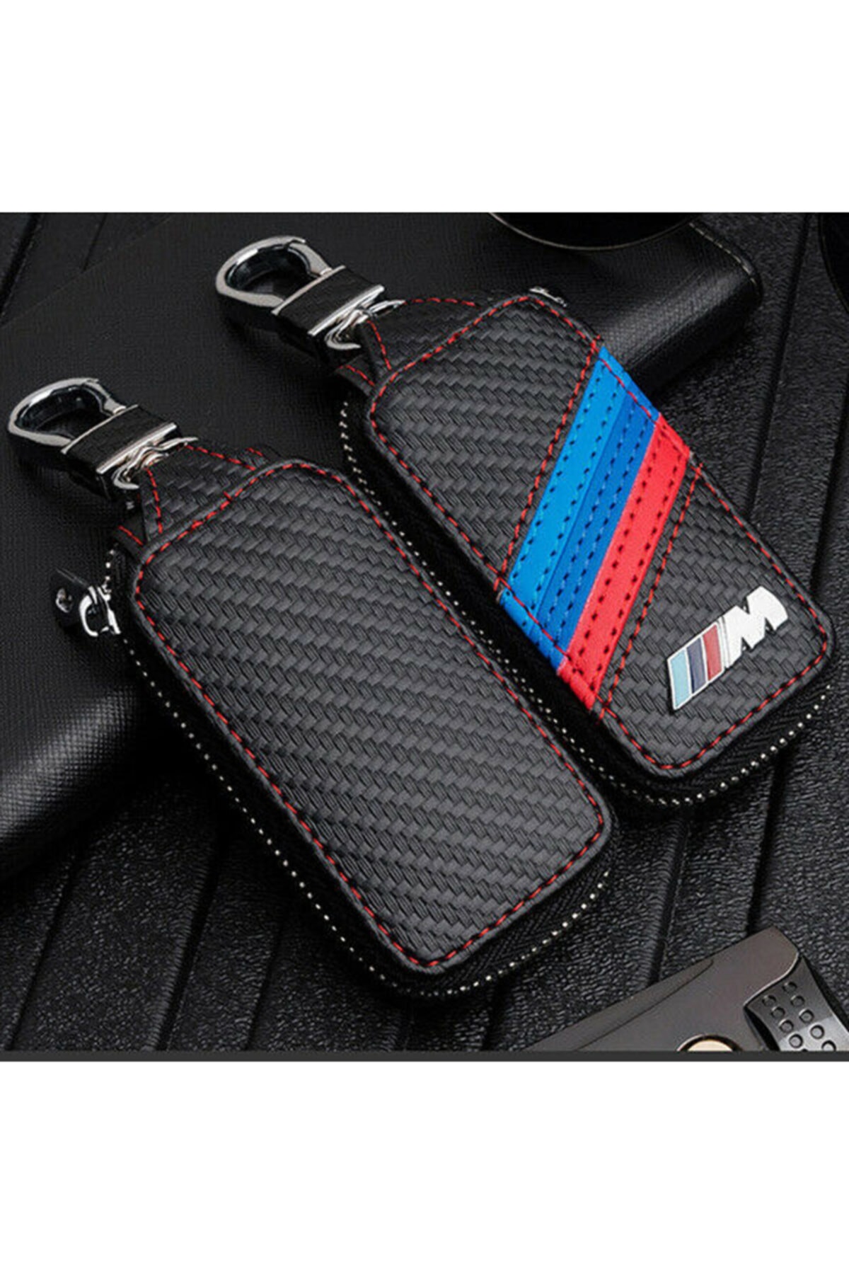 C9 Bmw M Logolu Şık Gerçek Deri Mavi Lacivert Kırmızı Şeritli Cüzdan Anahtarlık 9x4 Cm