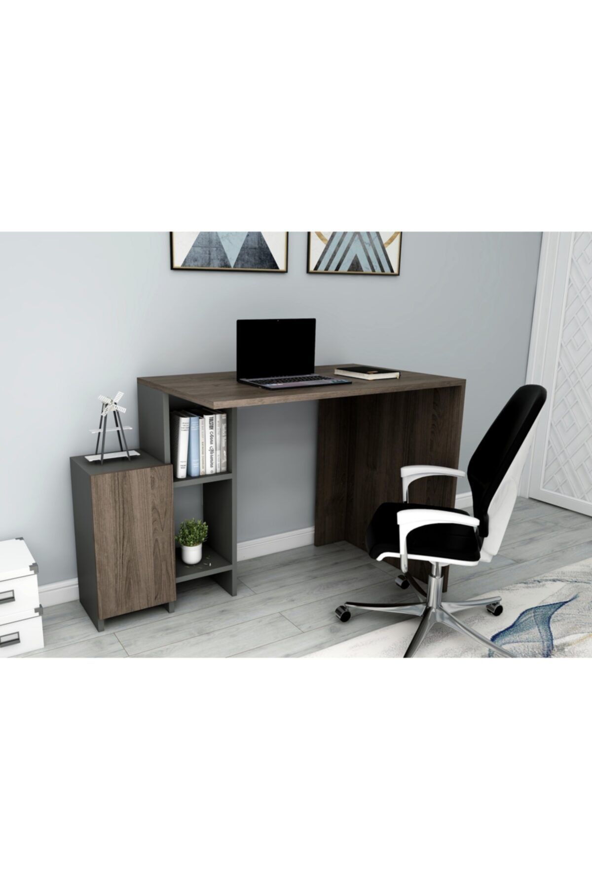 ARNETTİ Ecem Çalışma Masası Ceviz-antrasit 74x113,2x55 Raf Ve Dolaplı Dekoratif Tasarım Kolay Kurulum