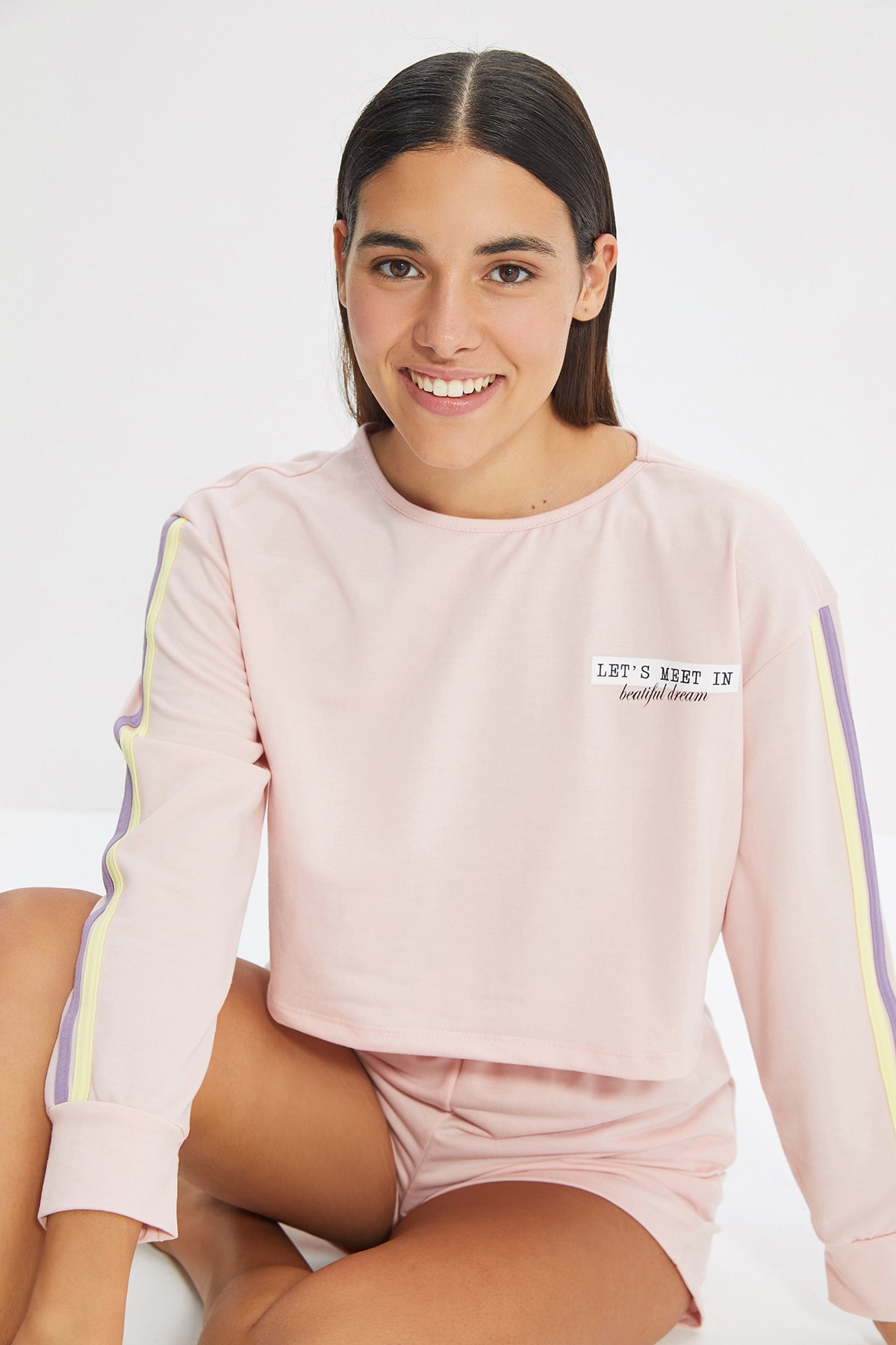 TRENDYOLMİLLA Pudra Kol Detaylı Örme Pijama Takımı THMAW22PT0052