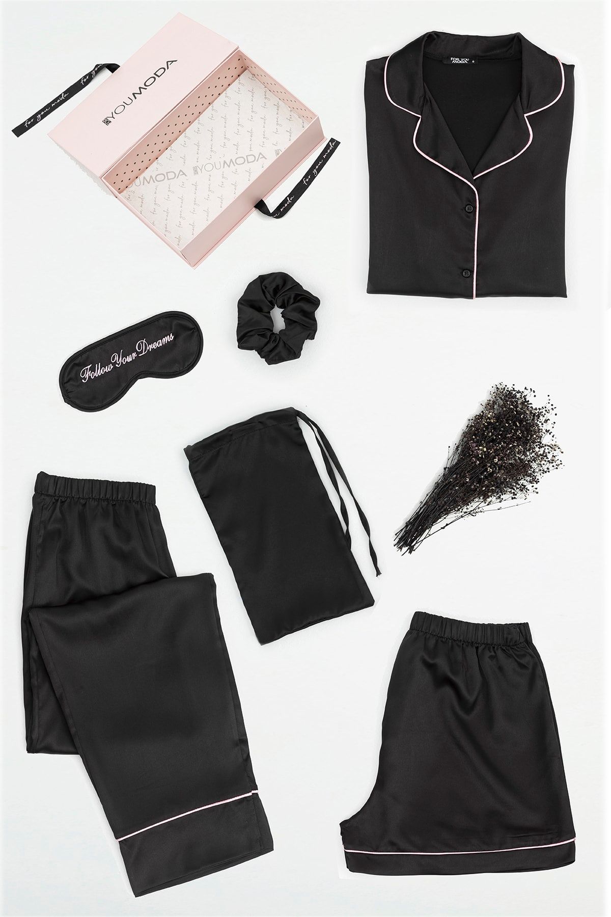 FOR YOU MODA 6 Lı Pembe Biyeli Siyah Pijama Takımı
