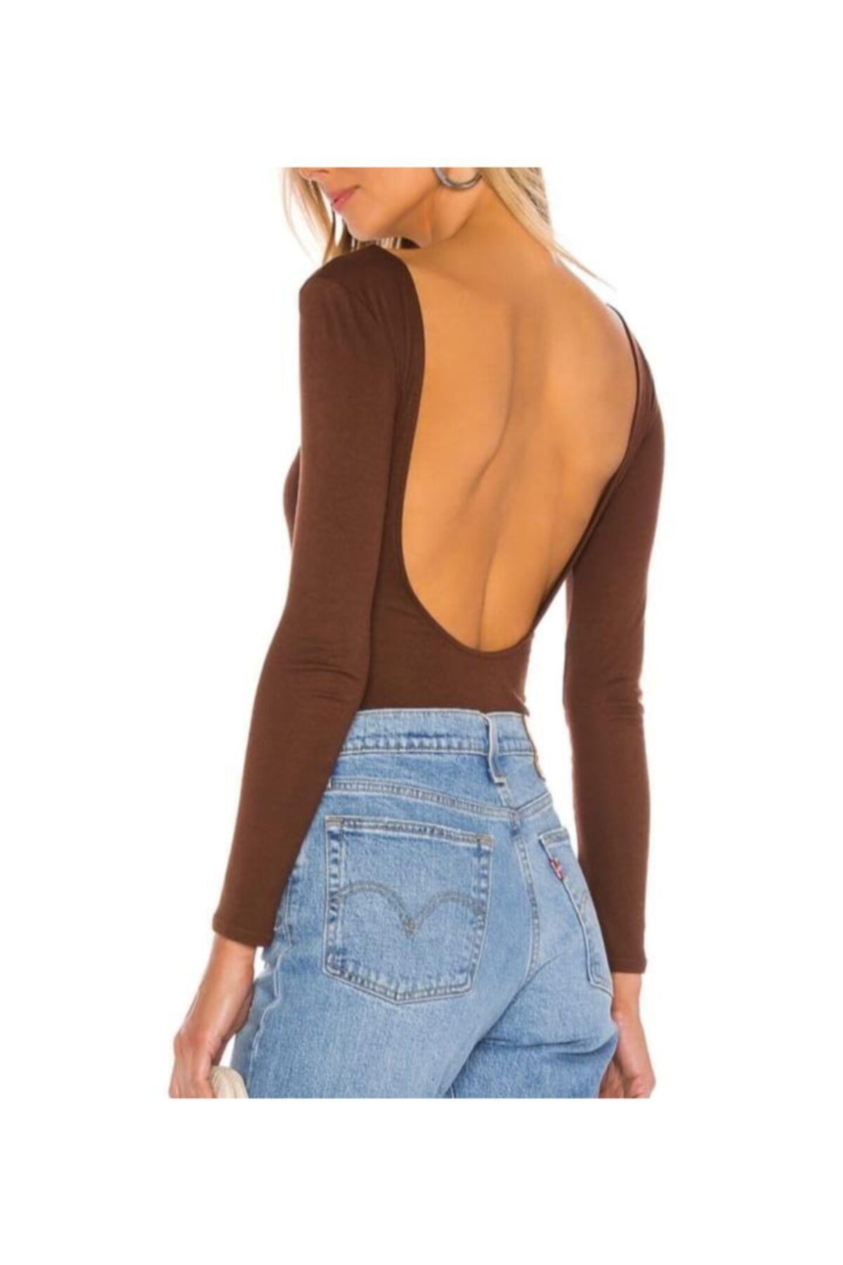 Nsb Tasarım Kadın Kahverengi Sırt Dekolte Ipek Jarse Bodysuit