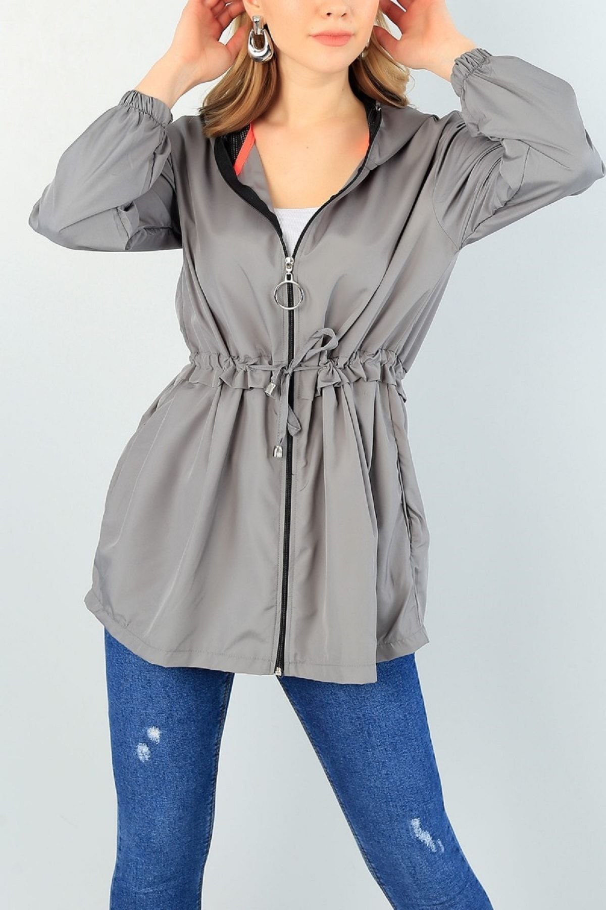 Md1 Collection Kadın Gri Kapüşonlu Cepli Yağmurluk 89179