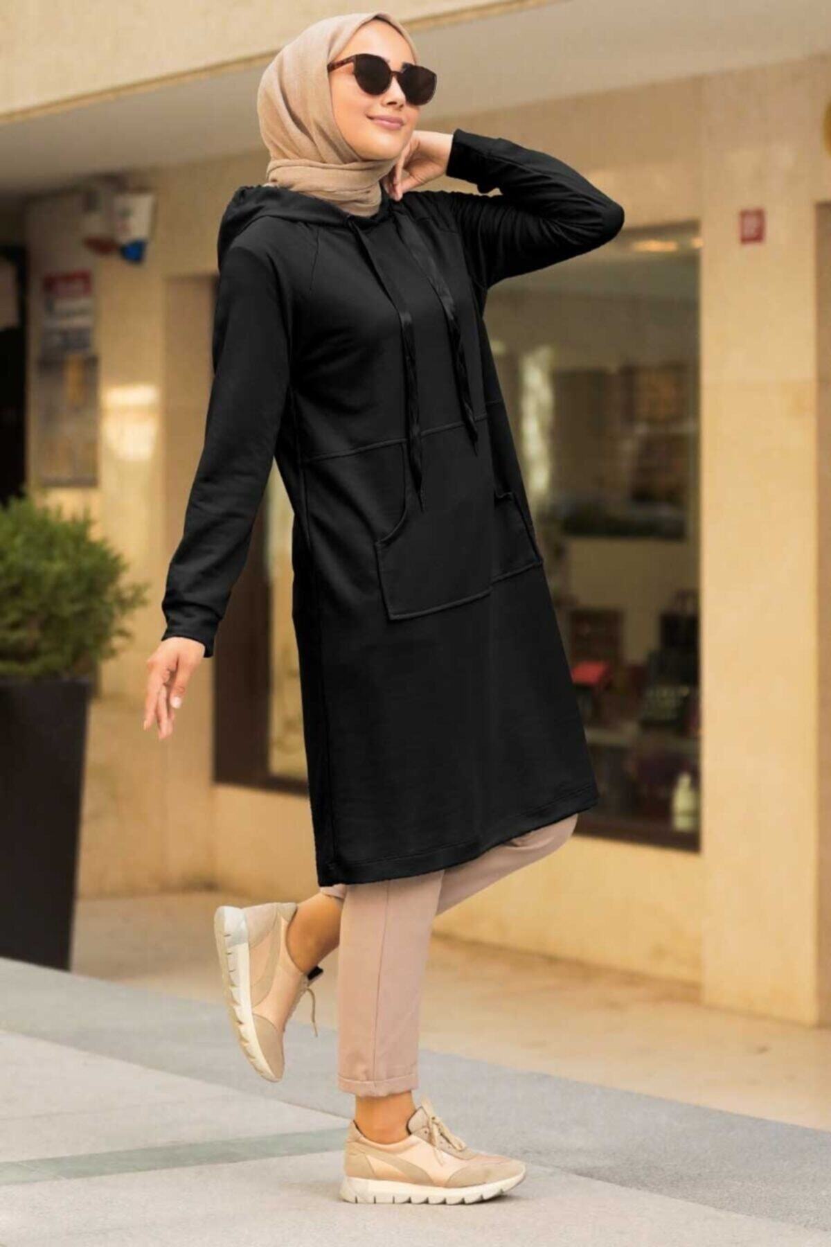 Neva Style Cepli Siyah Tesettür Sweatshirt  Tunik 16030s
