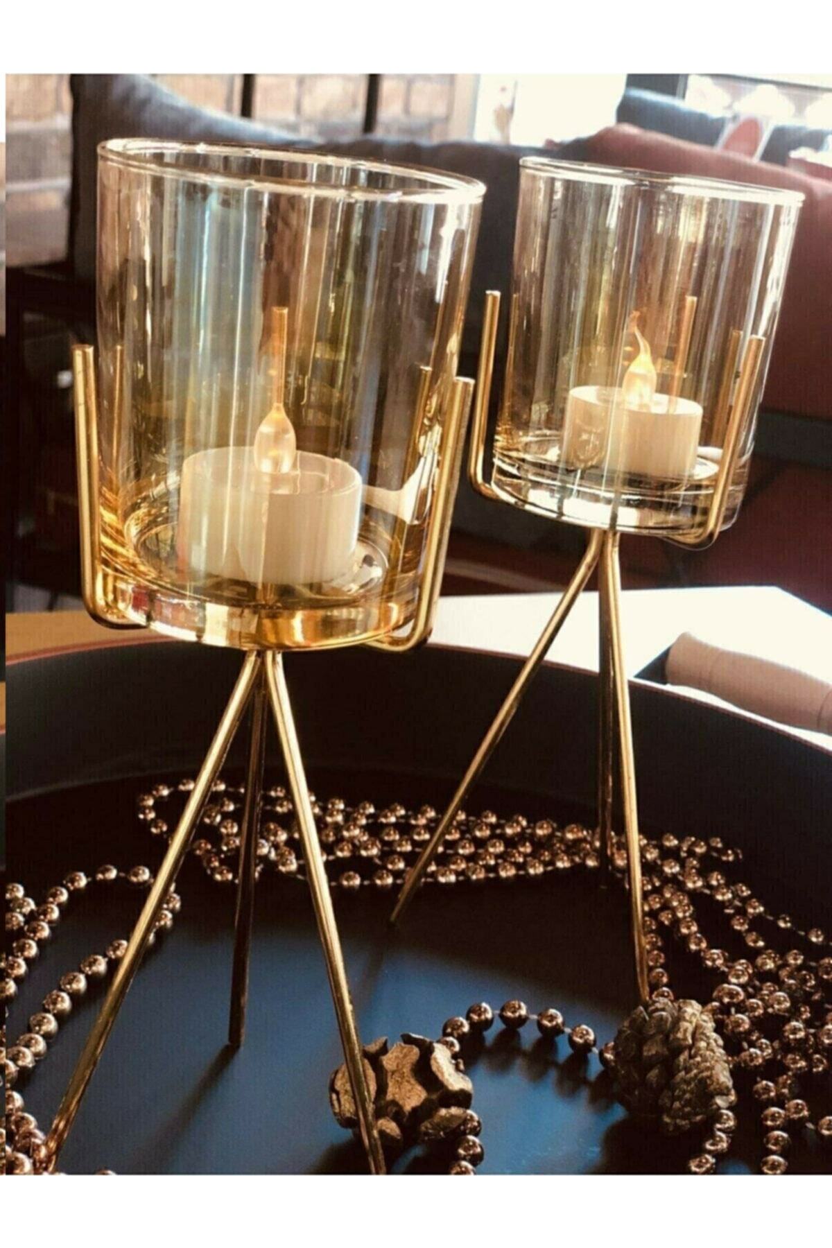 Rüyam Glassware 2'li Lüx Metal Ayaklı Cam Saksı/mumluk Ve Elektirikli Mum