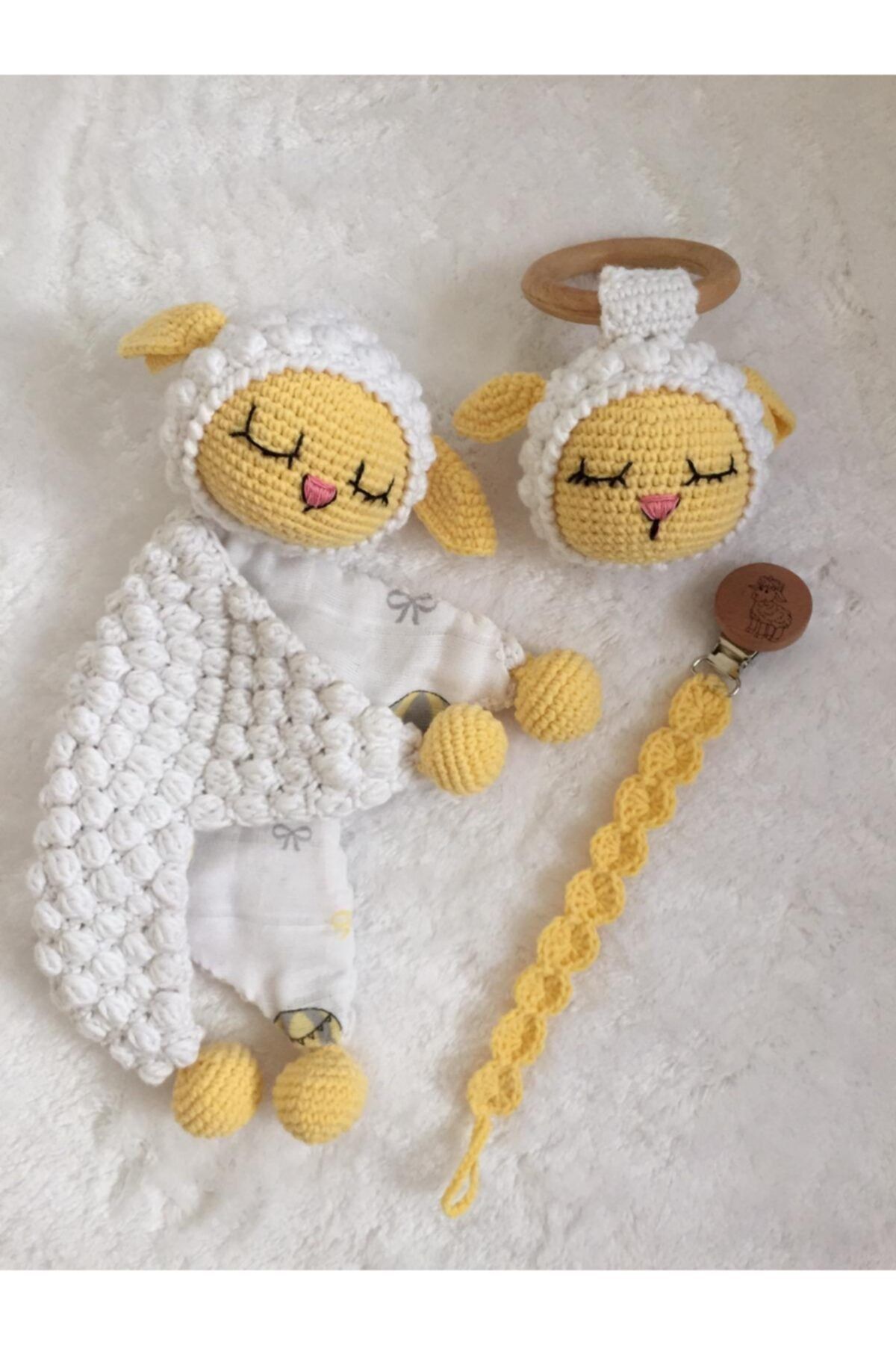 USTAHOBİEVİ Amigurumi Sevimli Yenidoğan Set Uyku Arkadaşı Emzik Zinciri Ve Çıngırak Organik Örgü Oyuncak