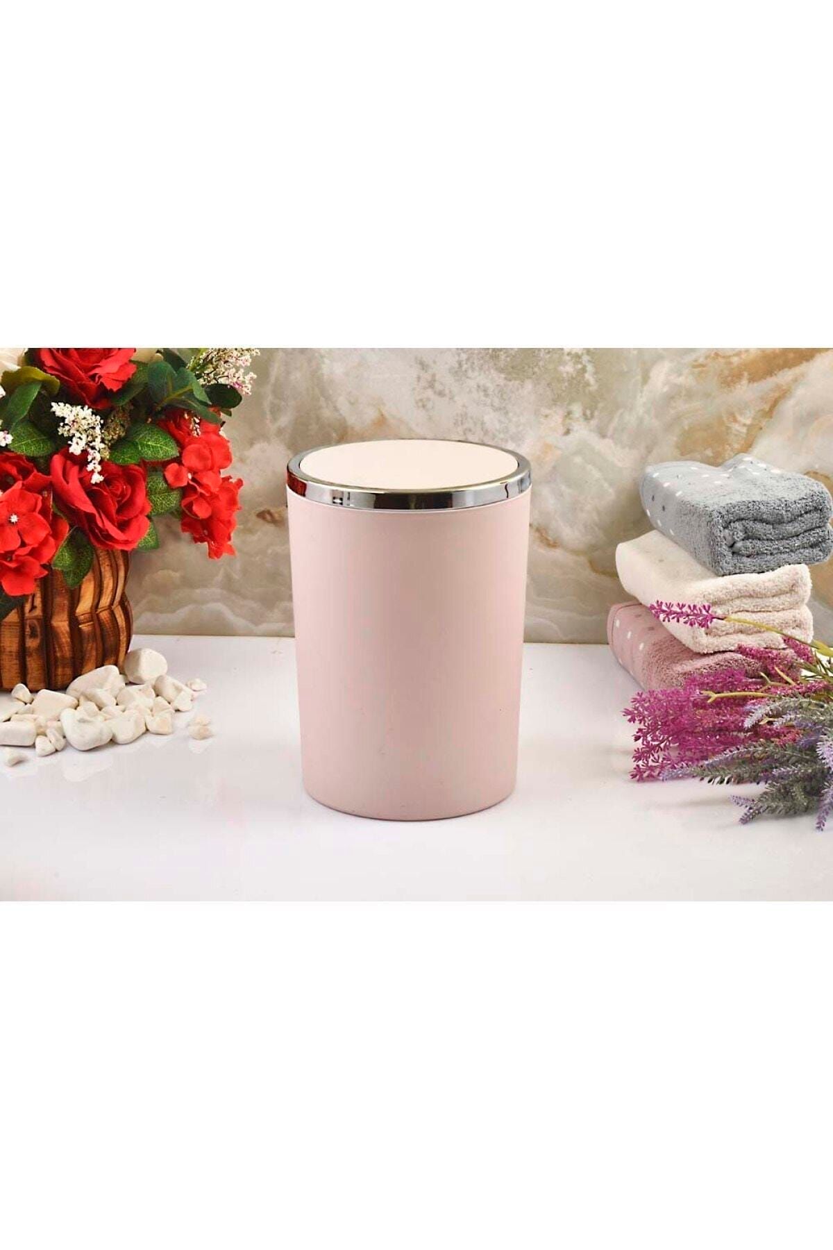 İmera Akrilik Yapım Gümüş Çizgi Soft Yuvarlak Banyo Wc Çöp Kovası Toz Pembe 19x26 Cm
