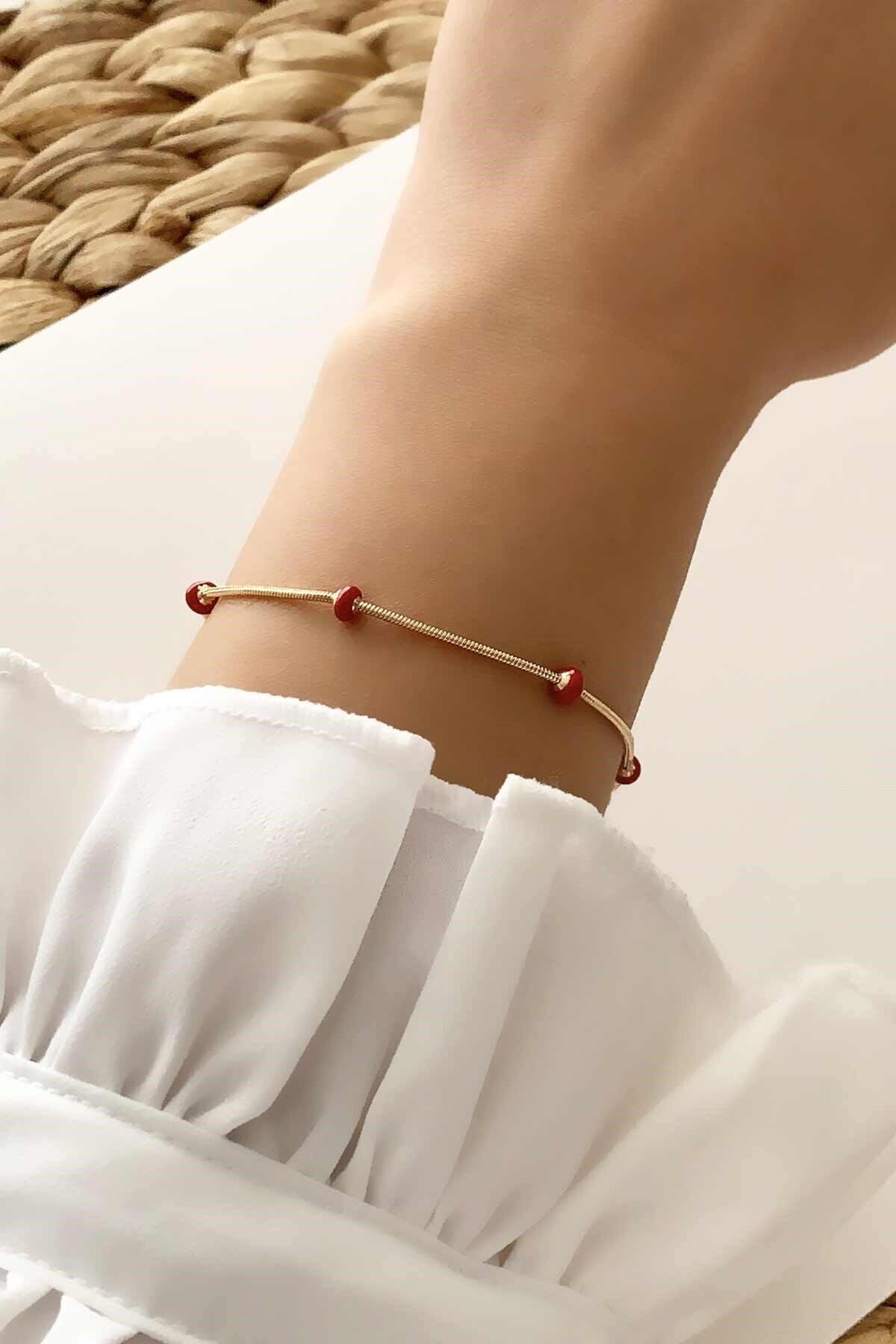 Çlk Accessories Özel Seri Kırmızı Boncuklu Yılan Zincir Bileklik Trbilek7659 B33503