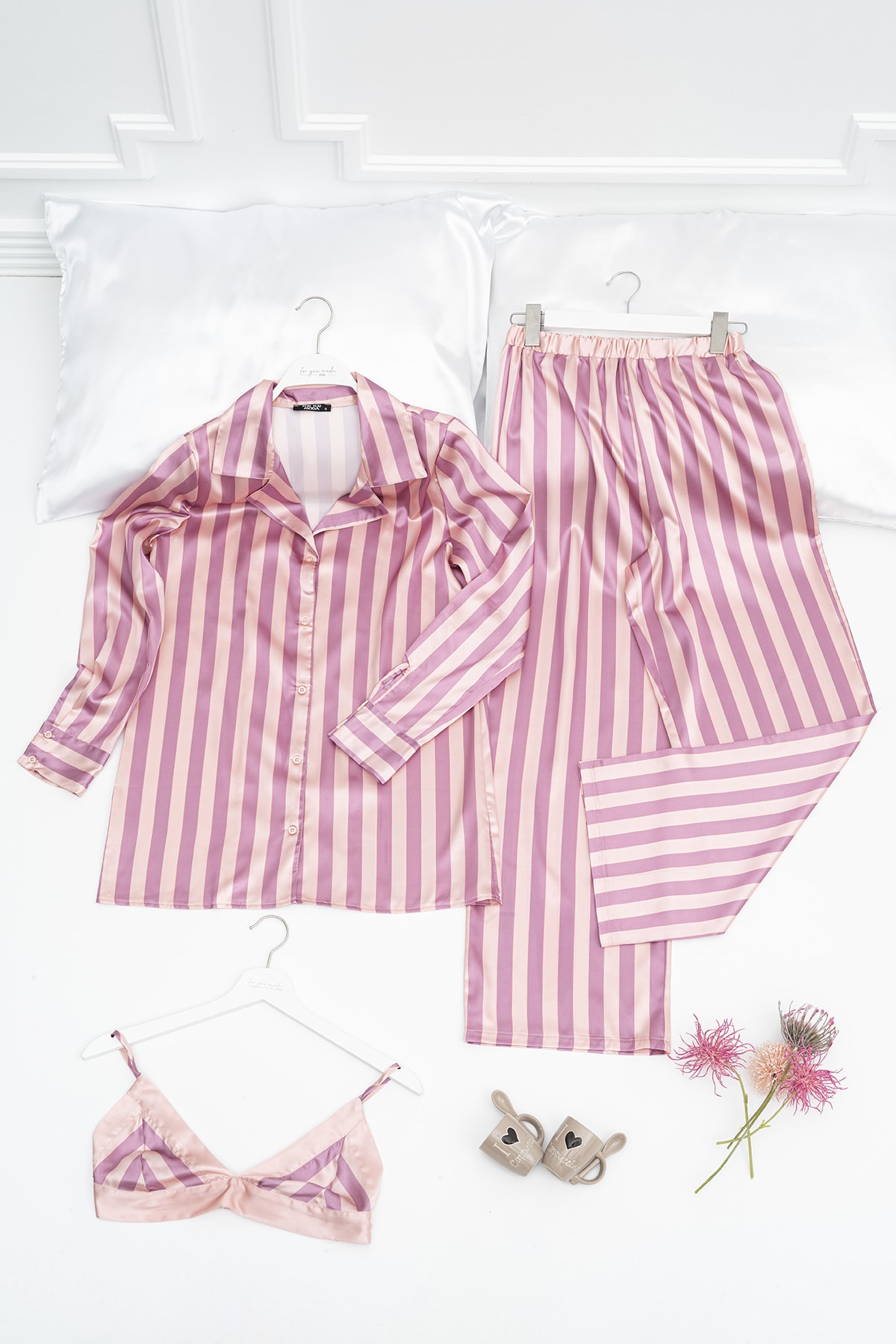 FOR YOU MODA Pembe Çizgili Desen Pijama Takımı 3'lü