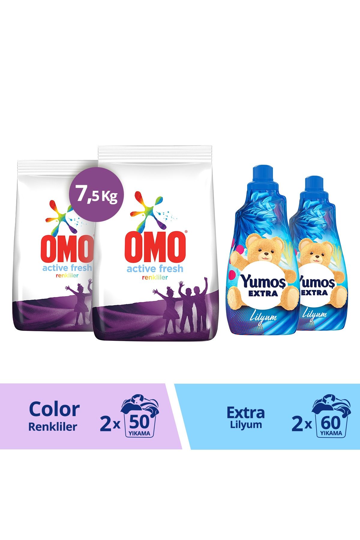 Omo Toz Deterjan 7.5 Kg X 2 + Yumoş Lilyum Konsantre Çamaşır Yumuşatıcı 1440 Ml 60 Yıkama X 2