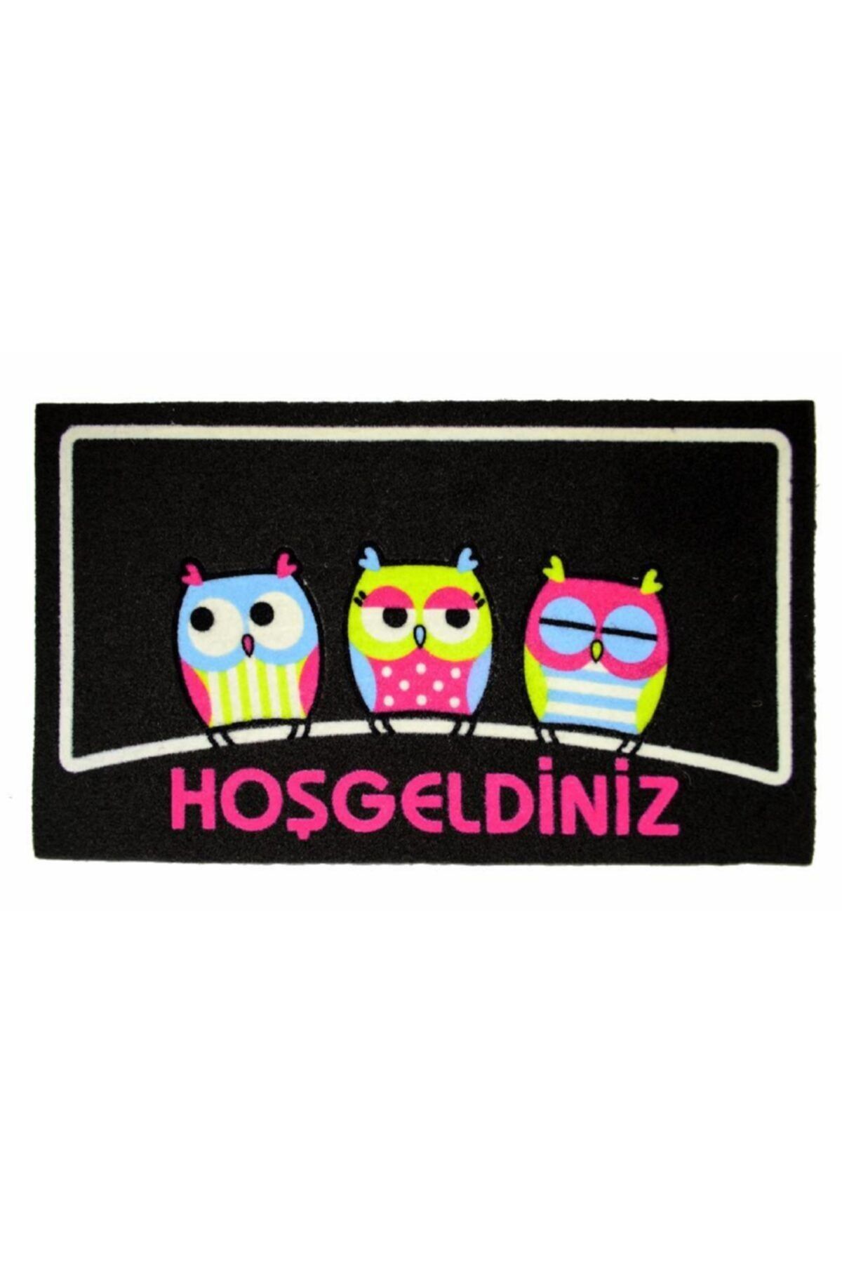 Cool Halı Italyan Kokardo Baykuş Temalı Kaymaz Taban Nem Alıcı Dış Mekan Koko Siyah Kapı Önü Paspası 40x68 cm
