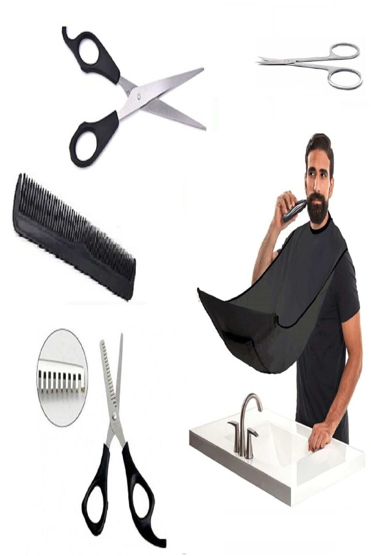 rennway 6 Parça Full Berber Seti - Makas -tarak - Önlük - Kaş Makası - Cımbız Özel Set
