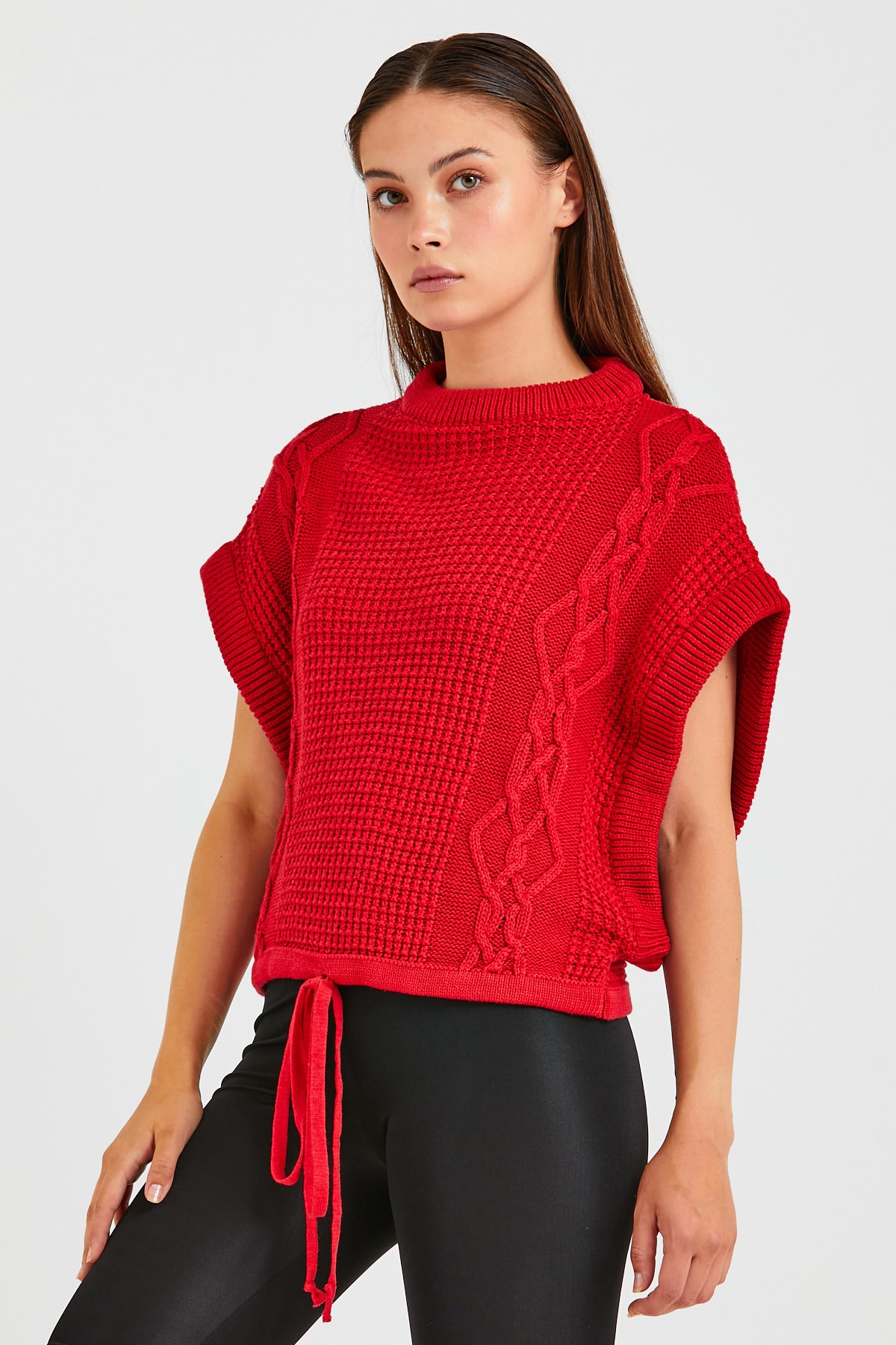 OFLEE Kadın Kırmızı Bağcıklı Triko Süveter