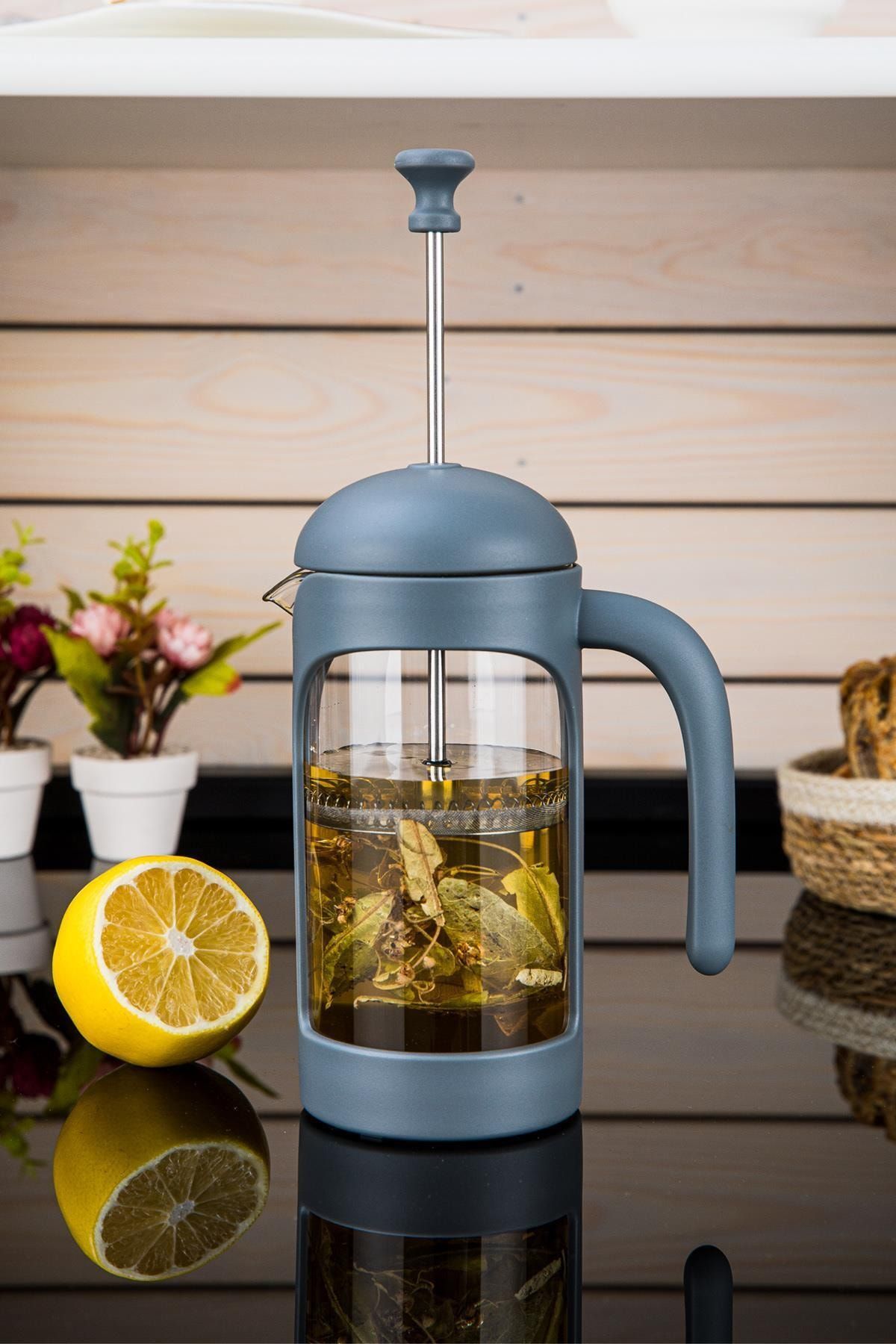 Hanne French Press 350 ml Gri Borasilikat Cam, Bitki Çayı Kahve Demliği