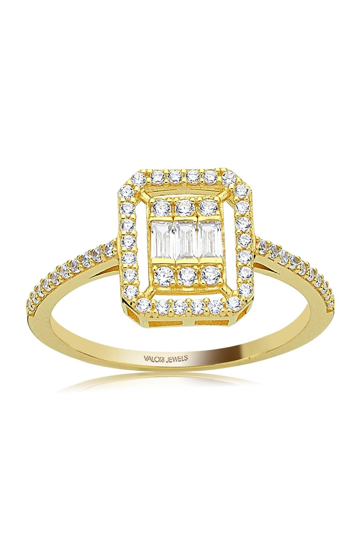 Valori Jewels 0.30 Karat Zirkon Baget Taşlı, Altın Rengi Gümüş Tektaş Yüzük
