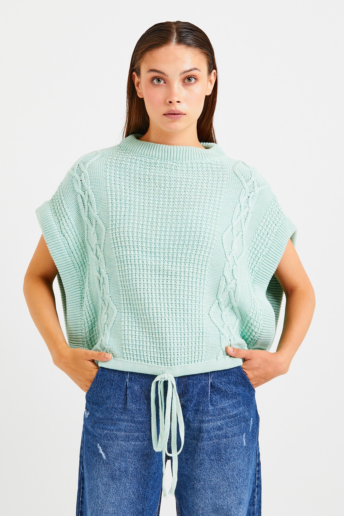 OFLEE Kadın Mint Yeşili Bağcıklı Triko Süveter