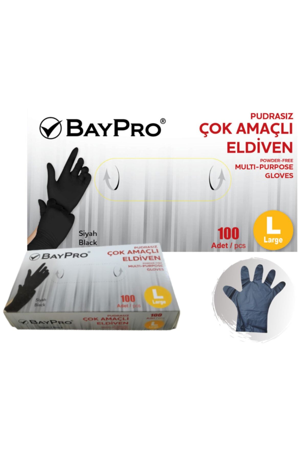 Baypro Pudrasız 100'lü Siyah Çok Amaçlı Eldiven Lateks Değildir L