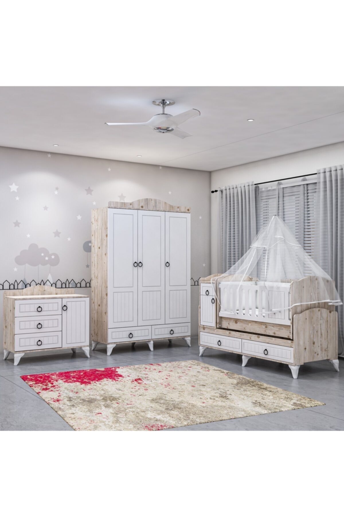 Garaj Home Sude Beyaz Membran Country Asansörlü Bebek Odası Takımı - Yatak Ve Uyku Seti Kombinli Uyku Seti Mavi