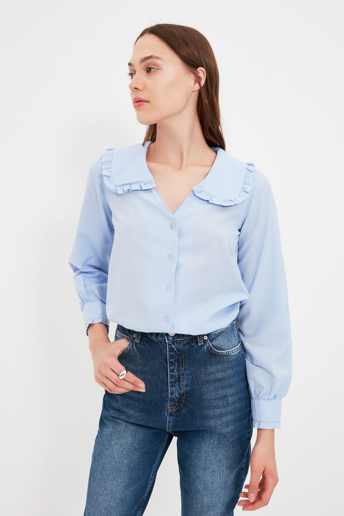 TRENDYOLMİLLA Mavi Tall Fırfırlı Gömlek TWOAW22GO0533