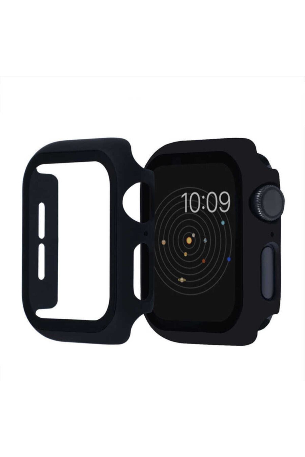 zore Apple Watch Seri 2 3 4 5 6 44mm Tam Kaplayan Kasa Korumalı Ekran Koruyucu Kırılmaz Cam Siyah