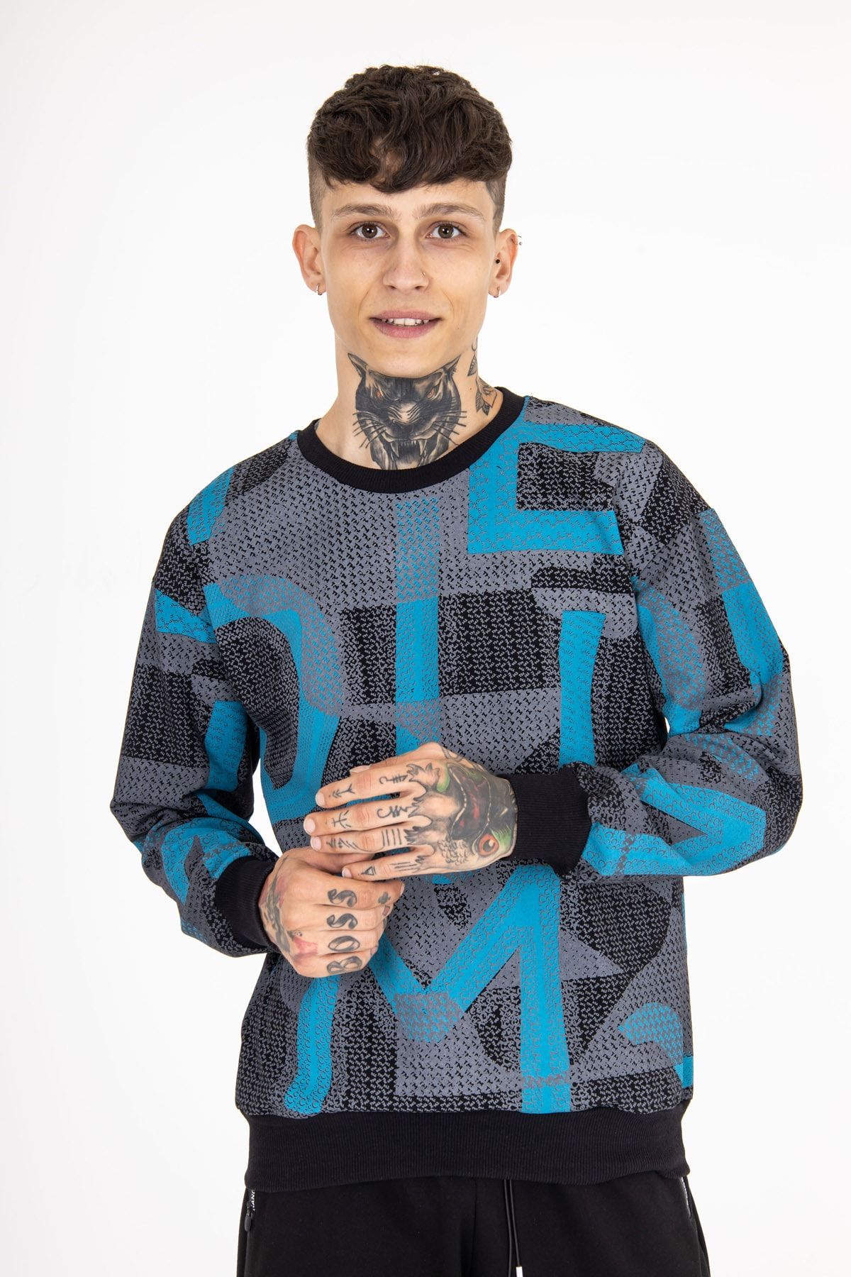 gangs street wear 2 İplik Düşük Omuz Bisiklet Yaka Siyah Sweatshirt Ks44