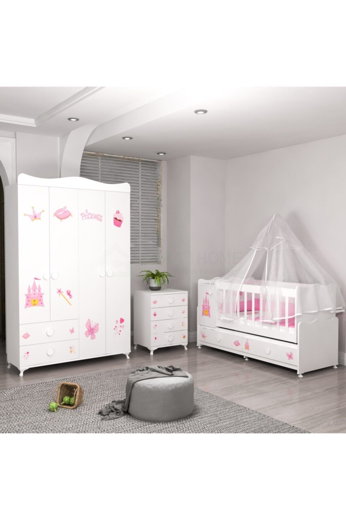 Garaj Home Pırlanta Yıldız 4 Lü Prenses Bebek Odası Takımı Yatak Ve Uyku Seti Kombinli Uyku Seti Pembe