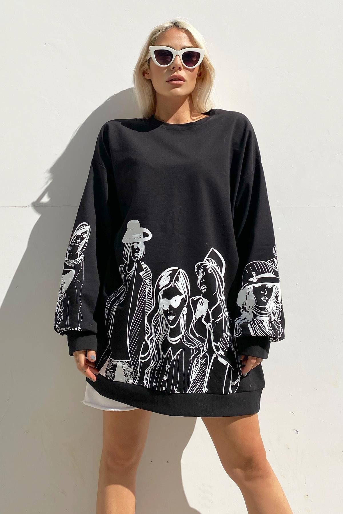 SwistLuxury Siyah Kız Baskılı Bisiklet Yaka Sweatshirt