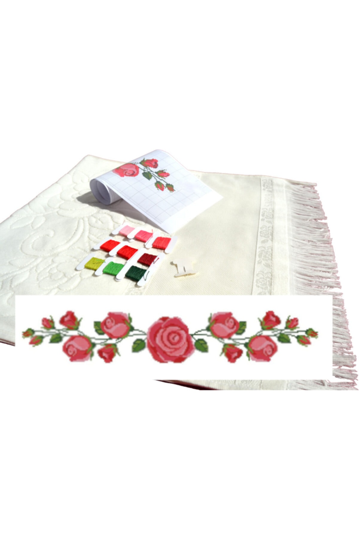 hamecura ayşe kosif Pembe Güllü Etamin Büyük Havlu Kit