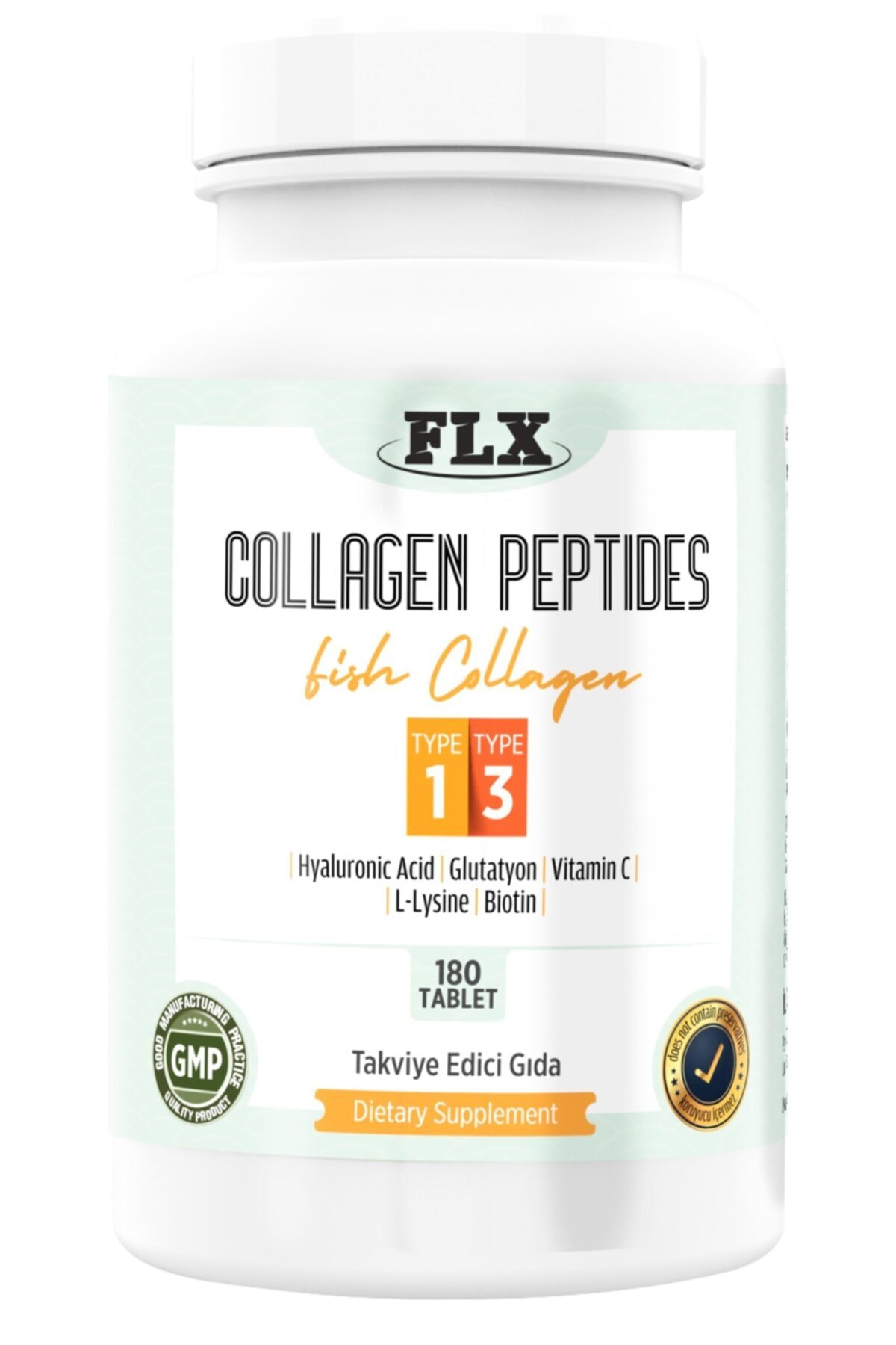 FLX 180 Tablet Kollajen Tip 1-3 Multi Balık Collagen Glutatyon Hyaluronik Asit Biotin L.lizin Vitamin C