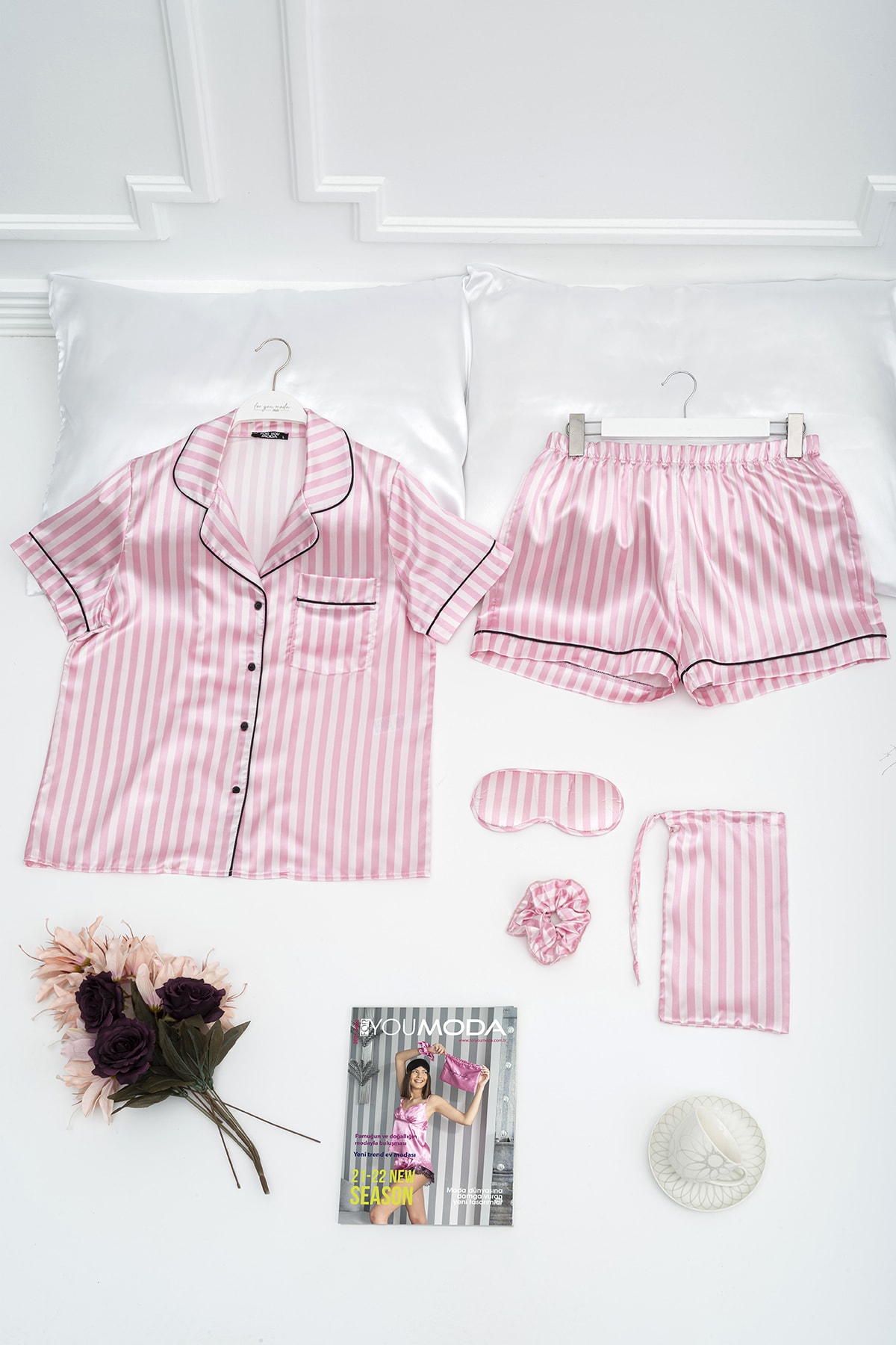 FOR YOU MODA 5 Li Pembe Beyaz Çizgili Saten Şortlu Takım