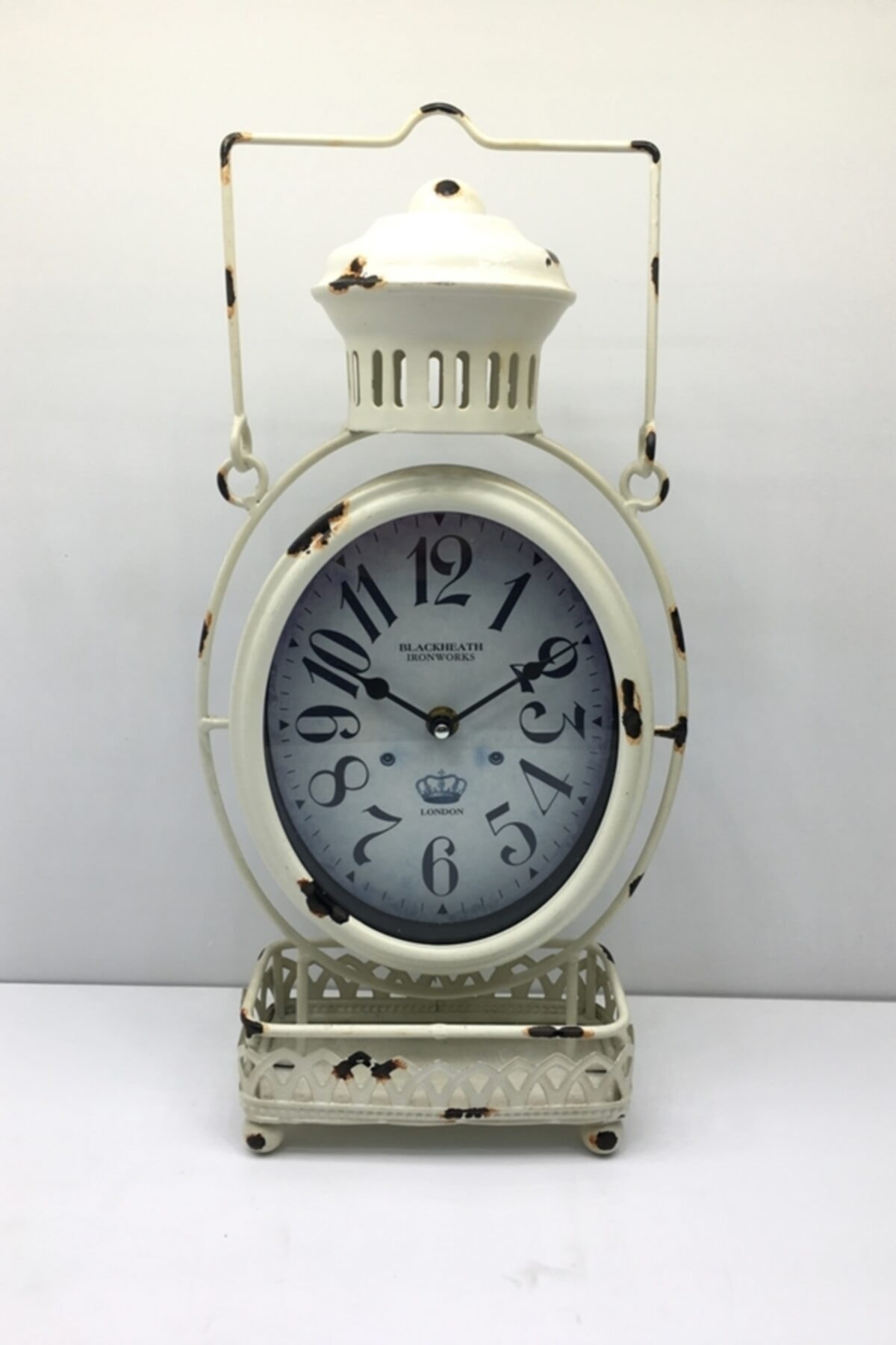 Otantik Dekoratif Eskitme Beyaz Masa Saati 40x17x8 Cm