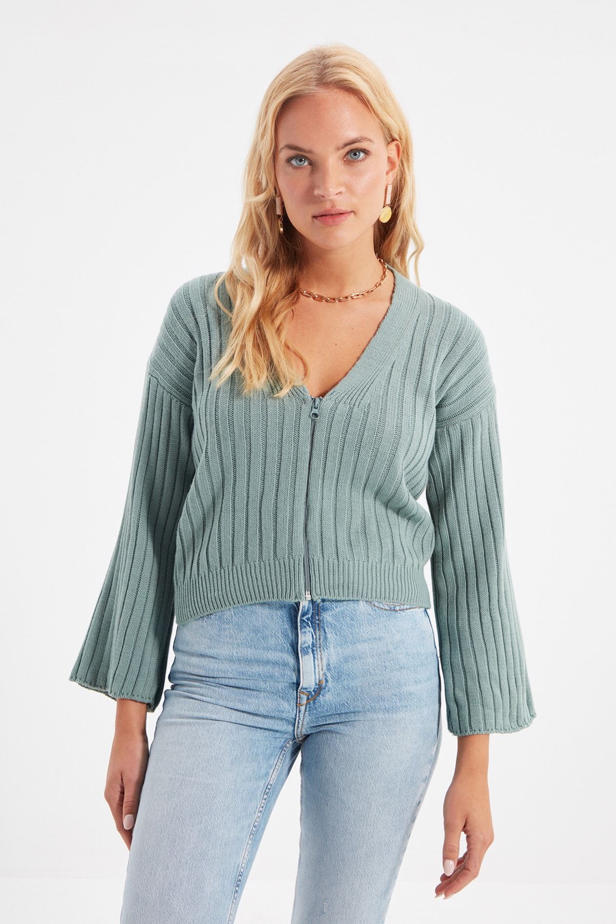 TRENDYOLMİLLA Mint Fermuarlı Triko Hırka TWOAW22HI0445