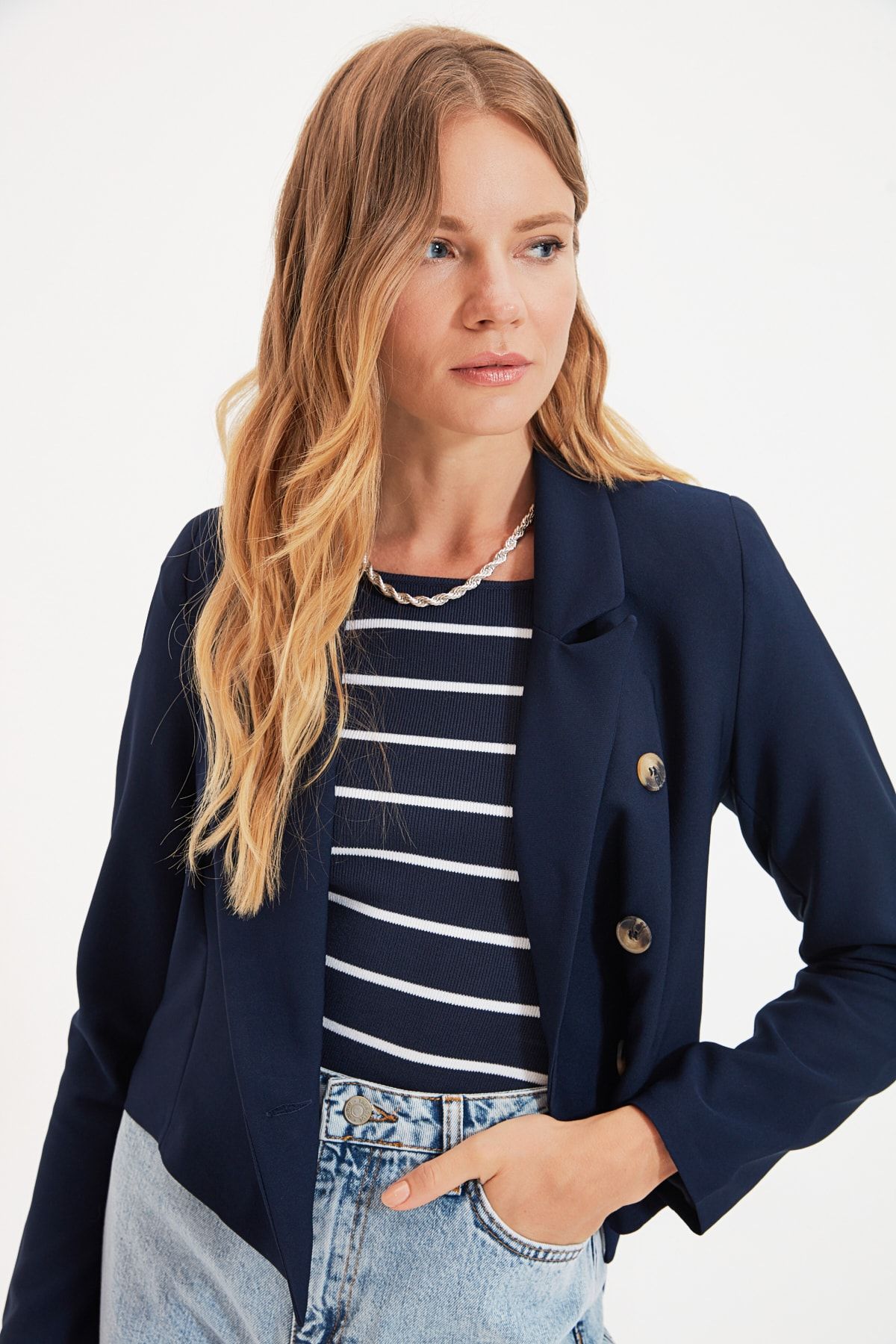 TRENDYOLMİLLA Lacivert Düğmeli Blazer Ceket TWOAW22CE0088