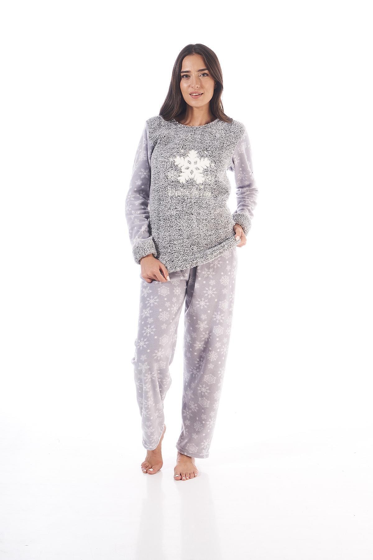 Estiva Kadın Peluş Polar Kar Tanesi Desenli Pijama Takımı