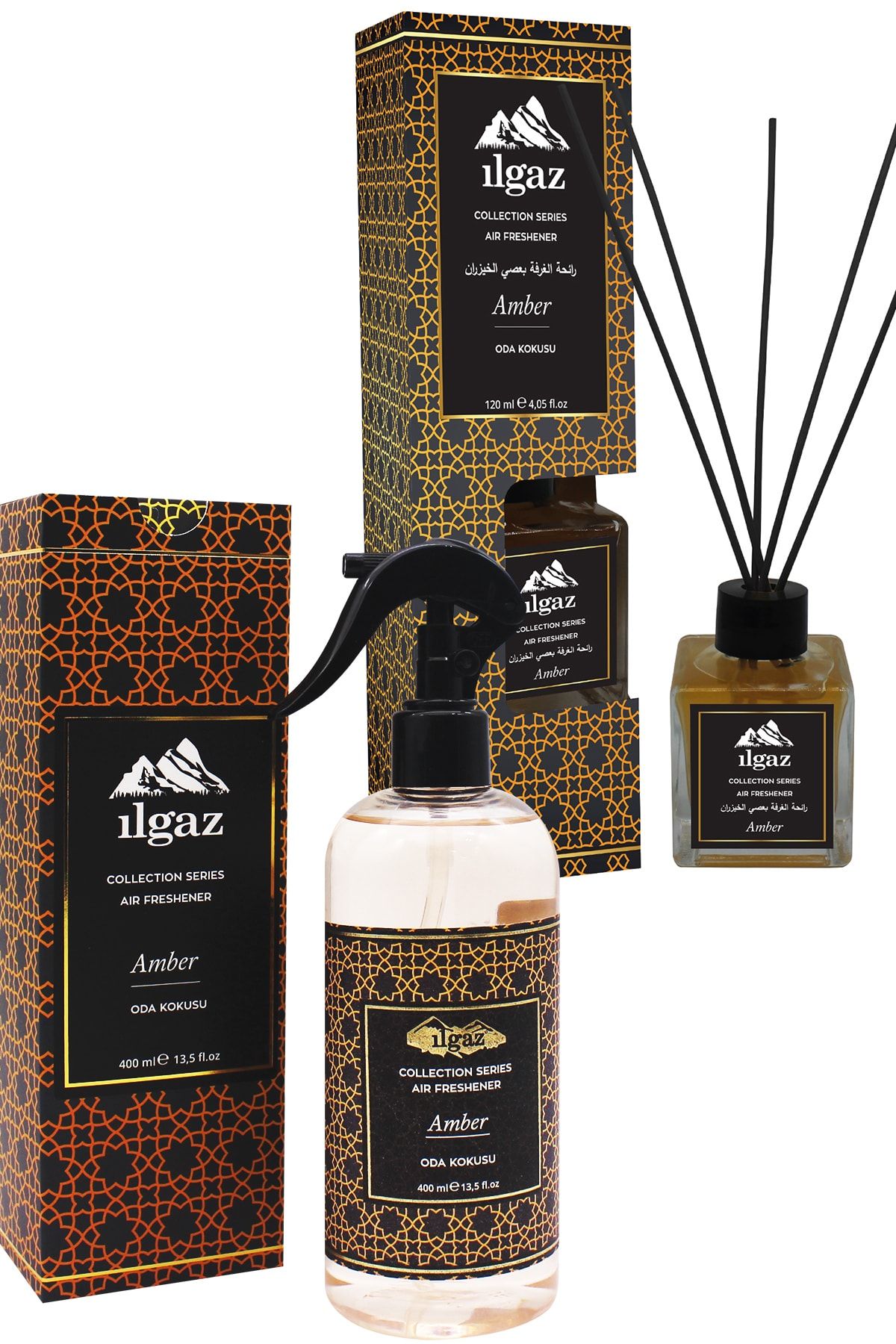 ILGAZ Collectıon 400 ml Amber Çiçeği Kokusu Oda Spreyi + 120 ml Bambu Çubuklu Oda Kokusu Kalıcı Parfümlü