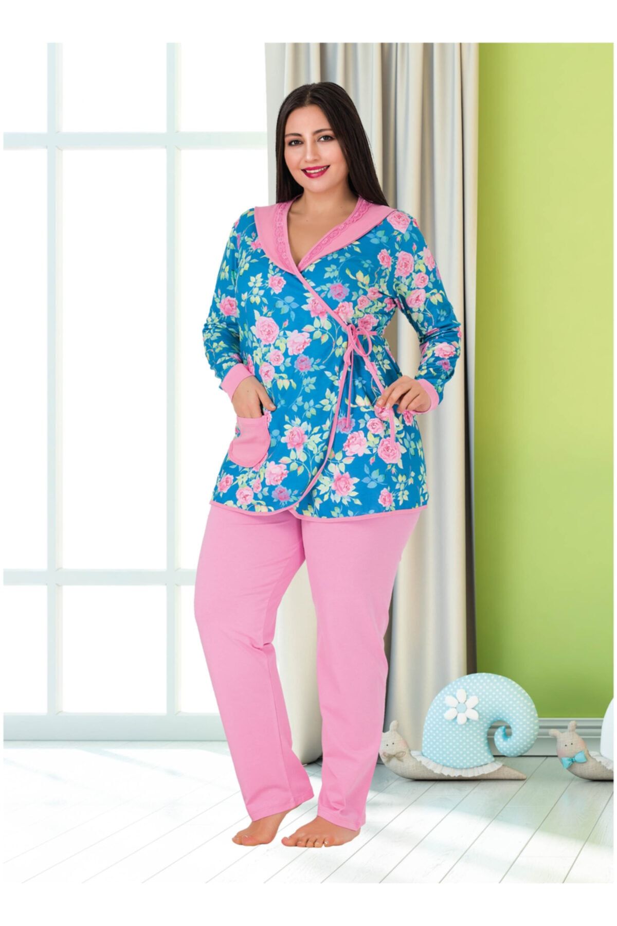 Lady Benni Butik Kruvaze Yaka Mavi Çiçekli Pijama Takım