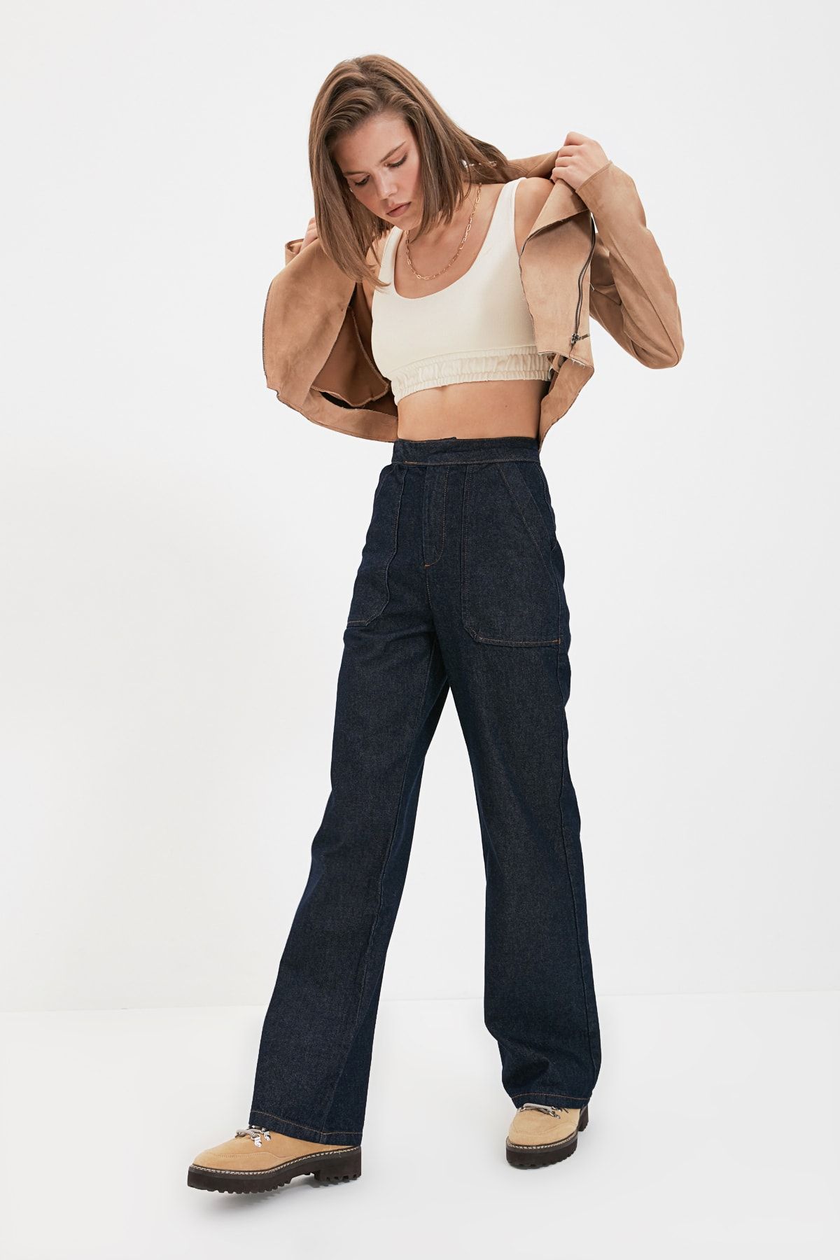 TRENDYOLMİLLA Lacivert Cep Detaylı Yüksek Bel 90's Wide Leg Jeans TWOAW22JE0455