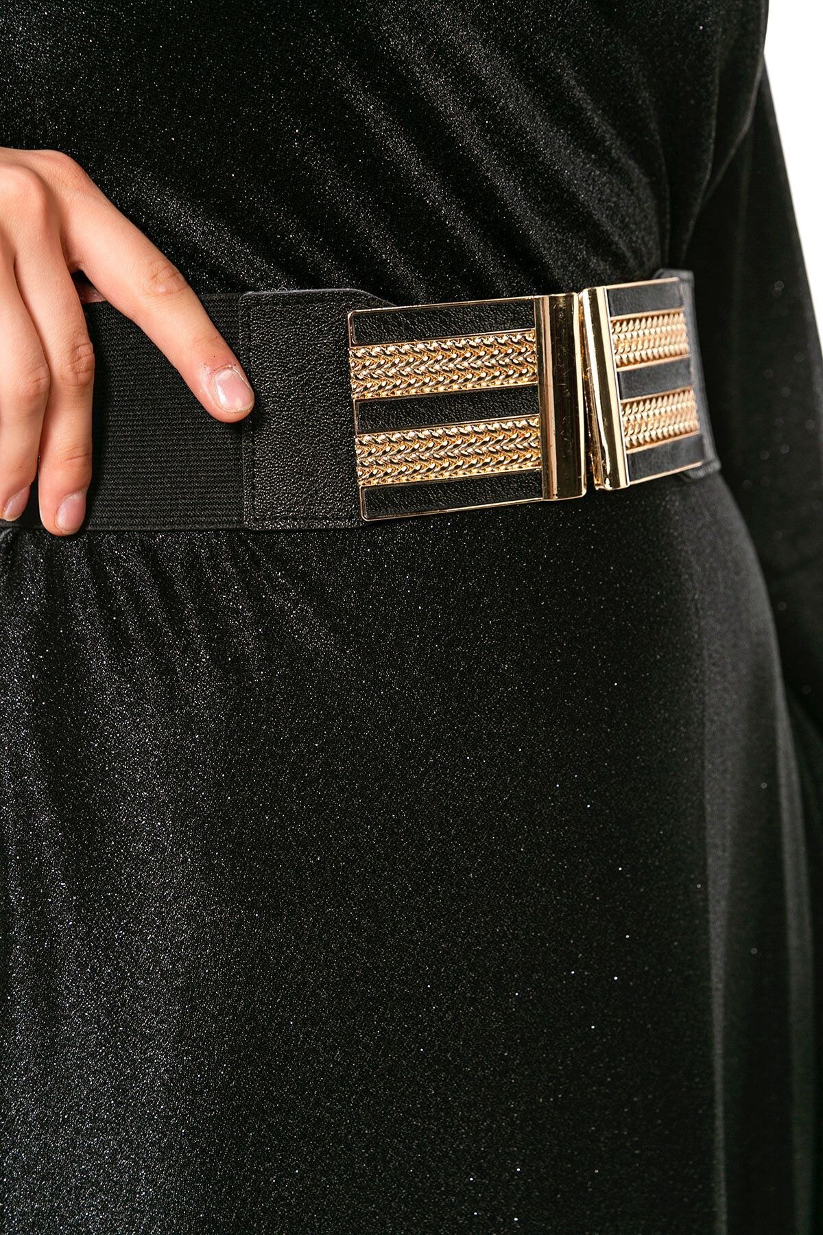 BellaVino Kadın Siyah Arkası Lastik Kare Tokalı Korse Kemer R61092