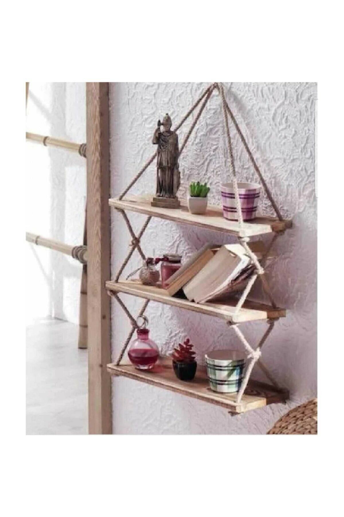 Sevim Design Retro 3 Gözlü Ahşap Duvar Rafı Halatlı Raf Kitaplık Çiçeklik Raf