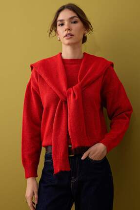 Kırmızı Yumuşak Dokulu Geniş Kalıp Şallı Triko Kazak TWOAW26KZ00166 Image 1