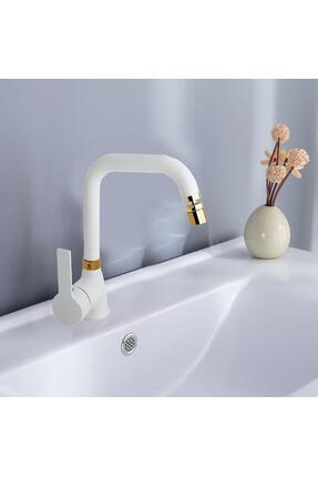 Venita Mat Beyaz Gold Lavabo Bataryası Pirinç 360 Derece Oynar Perlatörlü Siera Image 0