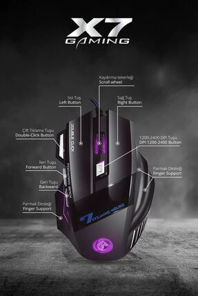 7635 X7 RGB LED Işıklı Gaming Mouse / 7 Tuşlu Oyuncu Mouse / 800/1200/1600/2400 DPI / Kumaş Kablo Image 0