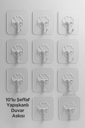 10 Adet Kapı Duvar Askısı, Kendinden Yapışkanlı Şeffaf Askı, Güçlü Kapı Askısı, 6X6cm Image 0