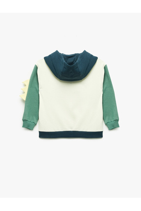 Dinozor Baskılı Pamuklu Uzun Kollu Şardonlu Kapşonlu Sweatshirt Image 1