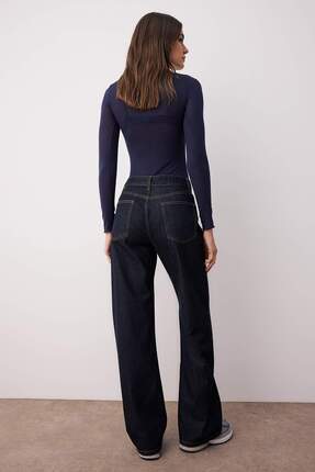 Koyu Mavi Yüksek Bel Wide Leg Geniş Paça %100 Pamuk Non-Stretch Jeans TWOAW26JE00007 Image 3