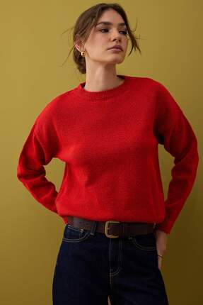 Kırmızı Yumuşak Dokulu Geniş Kalıp Şallı Triko Kazak TWOAW26KZ00166 Image 2