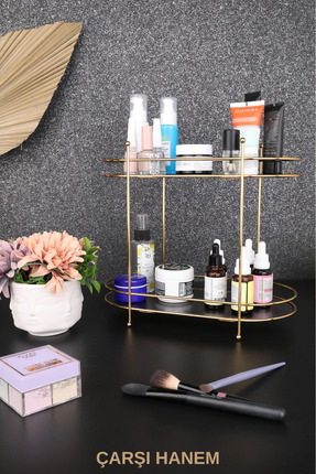 Oval Banyo Düzenleyici Çok Amaçlı Makyaj Takı Organizeri Gold Servis Sunum Standı Image 0