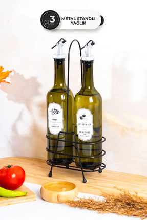 3 Parça 750 ml Cam Yağlık & Sirkelik Seti – Metal Standlı, Damlatmaz Başlıklı Image 0
